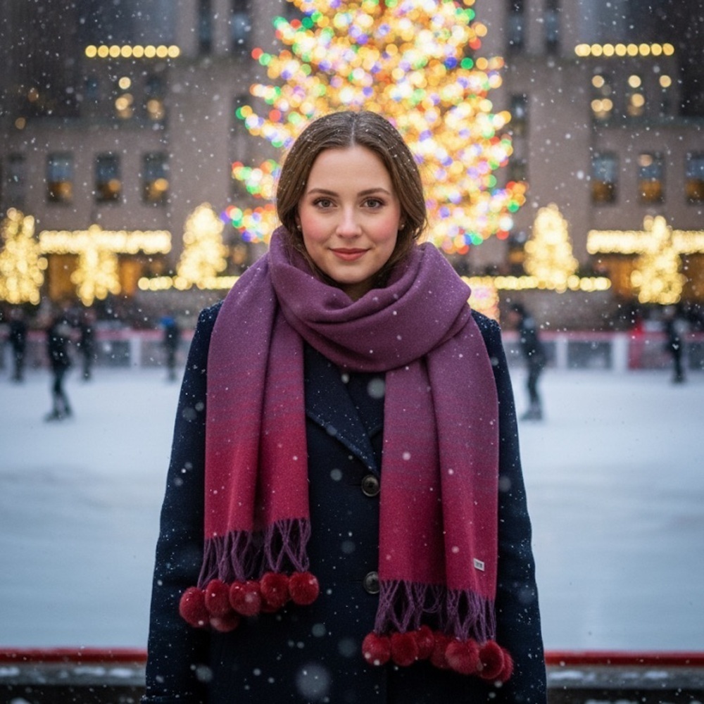Renoma Paris Merino Wool Scarf with fur pom poms